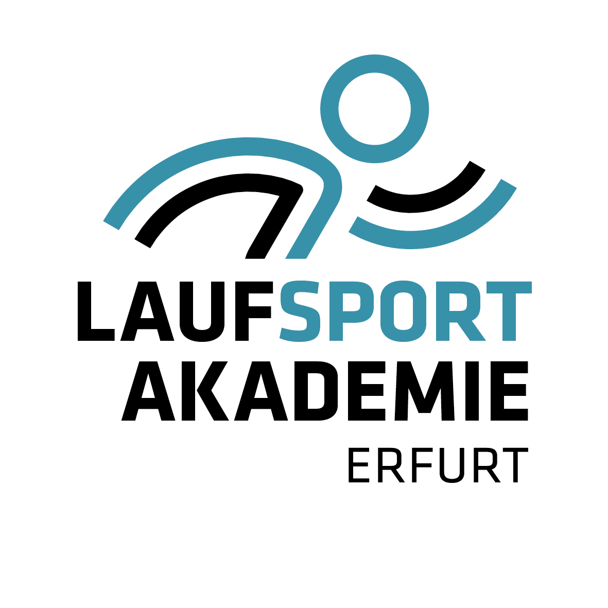 Logo der Lauf-Sport-Akademie Erfurt: stilisierte laufende Figur in Petrol und Schwarz, darunter der Schriftzug LAUFSPORT AKADEMIE ERFURT